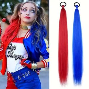 Extension de queue de cheval Extension queue de cheval synthétique 2 pièces avec élastique, lisse et lisse, tresse enroulée, queue de cheval de 66 cm Extensions de cheveux(Red and Blue) (LONGYUSHENG, neuf)