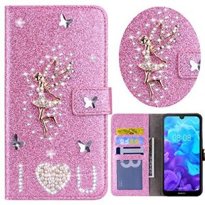 Strass Coque Huawei Y5 2019 Folio &agrave; Clapet,Xifanzi Honor 8s &Eacute;tui en cuir Housse Coque Brillant Flip Portefeuille Motif Ange Glitter Bling Diamant Coque pour Huawei Y5 2019 PU Cuir &Eacute;tui,Rose (Bolong, neuf)