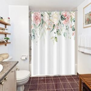 Uiiooazy Rideau Douche Anti Moisissure, Rideau Douche 150x200cm Feuilles d'eucalyptus Vert Fleuri Rose Rideaux de Baignoire Tissu Lavable Imperméable Polyester Rideaux Salle de Bain avec 10 Crochets (dongguibinjingpinxiaodianpu, neuf)