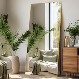 LunaMirror Miroir Intégral 192 x 85 cm Rettangolare Miroir sur Pied Grand Miroir À Poser au Sol pour Chambre à Coucher, Salon et entrée, Verre Trempé, Cadre en Alliage d’Aluminium Doré (LunaMirror, neuf)