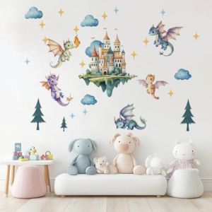 SUPERDANT 3PCS Stickers Muraux en Forme de Dragon Volant Sticker Mural de Château de Dessin Animé Autocollants Muraux pour Chambre Dragon Peintures Murales en Vinyle Autocollants Décoratifs (SUPERDANT EU, neuf)