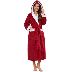 UMIPUBO Femme Peignoir Long Polaire Hiver De Bain Robe Peluche &Eacute;l&eacute;gante Robe de Chambre avec Capuche Ceinture Poches Peignoir Doux Moelleux Chic Luxe Douche Peignoirs (Vin Rouge, XL) (Bukely, neuf)