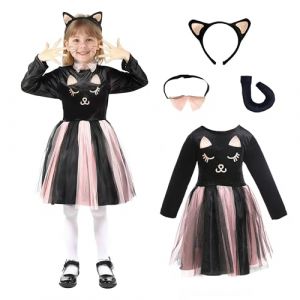 Wbesty Halloween Costume de Chat Noir pour Filles avec Tutus Rose, Bandeau et Queue de Chat, Collier à Nœuds,7/8 ans (Aimilaly, neuf)