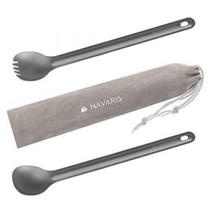 Navaris Couvert Camping - Lot 2X Couvert Camping Extra Long avec 1x Fourchette Cuillère et 1x Cuillère en Titane - Georgette Randonnée Pique-Nique (SX-Commerce, neuf)