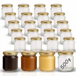gouveo Lot de 24 Pots à Confiture 500g «Miel» avec Couvercle à Vis Nid d'Abeille - Pots de Conservation avec Bouchon à Vis TO82 - Pots de Conservation Vides, Pots à Vis (HGTO500BW) (flaschendiscount, neuf)