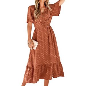 BebreezChic Robe d'été longue bohémienne élégante à manches courtes et col en V Taille haute Motif à pois suisses froncées Robe de plage, Caramel, M (BebreezChic, neuf)