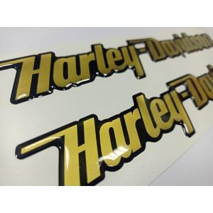 Emblème logo décal compatible avec tous les modèles HARLEY D, paire d'autocollants résinés, effet 3D. Pour réservoir ou casque (noir/or) (sticker's corner, neuf)