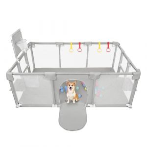 Parc pour Chiots Ou Petits Chiens, Clôture Solide en Tissu épais Et Filet en Nylon Haute Résistance,Parc à Chiots avec Porte, Lavable en Machine, Intérieur/extérieur,180 x 120 x 66 cm - Gris Clair (Hechheu, neuf)
