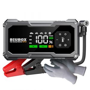 Booster Batterie Voiture Puissant avec Compresseur d&rsquo;Air 150PSI, BiuBox 5000A D&eacute;marreur Batterie Voiture pour V&eacute;hicules Tout Gaz/9L Diesel, Booster de Batterie 12V avec LED 4 Modes, Grand &Eacute;cran, Gants (BiiYou, neuf)