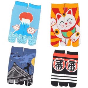 Lot de 4 paires de chaussettes japonaises en coton &agrave; bout fendu, style kimono, sandales, tabi, ninja, geta, geisha, pour homme (A-01) (Fancy Pumpkin, neuf)