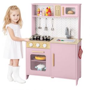 DREAMADE Cuisine Enfants en Bois, Jouets de Cuisine pour Enfants avec Micro-Ondes, Four et &Eacute;vier, Pieds et Poign&eacute;es, Mini Cuisine avec Sons et Lumi&egrave;res, Id&eacute;ale pour Les Enfants de 3+ Ans (Rose) (DREAMADE, neuf)
