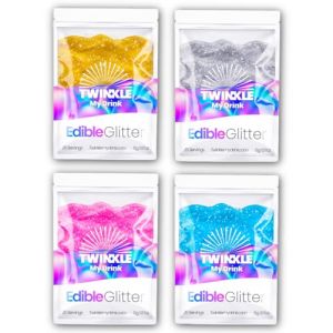 Twinkle Drink Paillettes Comestibles Vegan 4 Couleurs Or Argent Rose Bleu - 4 x 5g (100 Portions Total) - 25 Portions par Sachet - Halloween Decoration - Décoration Cocktails Gâteaux Cupcakes (Capstan UK, neuf)