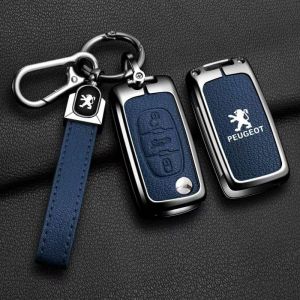QYPLKJHG Coque de Clé de Voiture pour Peugeot RCZ 2010-2013, Housse de Protection Coque Clé avec Porte-Clés Coque Boîtier Clef de Telecommande Cuir Étui de Clé Carte Auto Accessoires,D-Blue 1 (AALBB, neuf)