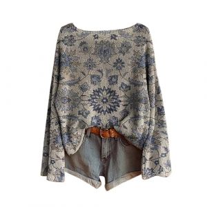 Pulls, Gilets Et Sweats Femme Vintage Imprimé Floral Bohème Pull Over Tricoté Chic Col Rond Manche Longue Sweater Tops À Motif Hauts Grande Taille Pas Cher Vetement Femme Automne Hiver (Anglekie, neuf)