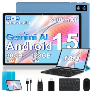 2026 Dernière Tablette 10 Pouces Android 15, 30Go RAM + 128Go ROM(TF 2To), Avec 5G WiFi Octa-Core 2.0GHz, 8000mAh, GPS, Gemini AI tablette, Widevine L1, Tablette Tactile avec Clavier+Souris（Bleu ） (EURO COMMERCE 2025 BSEC, neuf)