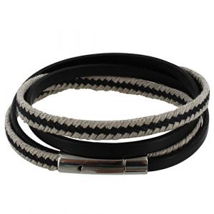 LES POULETTES BIJOUX - Bracelet Homme Double Tour Cuir Noir Tresse en Lin Noir et Beige (Les Poulettes Bijoux, neuf)