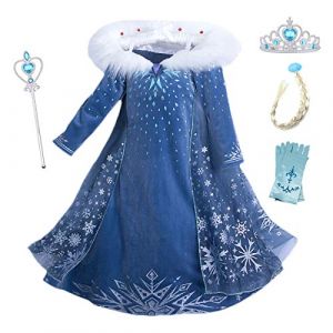 Eleasica Costume pour enfant Reine des Neiges - Manches longues - Robe de princesse Elsa - Pour anniversaire de Noël - Diadème La Reine des Neiges - Baguette magique - Tresse - 3 à 8 ans - Halloween (Eleasica, neuf)