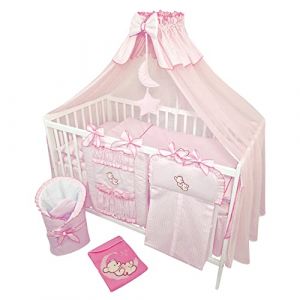 Bello24 - 14 Pieces Linge de lit bébé Ensemble Complet sans lit brodé avec Nounours sur la Lune Rose (100x135 cm) (Bello24, neuf)