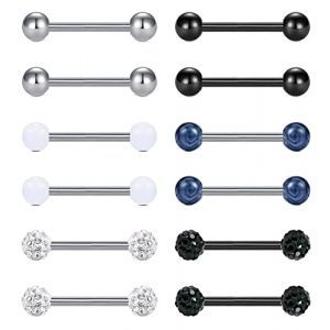 LAURITAMI 12pcs 14G Piercing Barre de Langue en Acier Chirurgical Bouclier de Mamelon Droite Barbell Anneaux Bar Cristal Piercing pour Le Corps Bijoux pour Femmes Hommes (JUN SI FANG, neuf)
