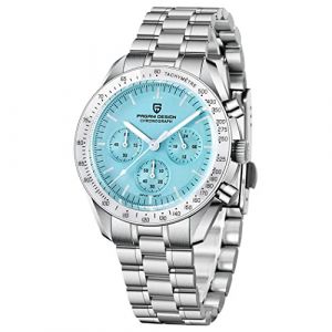 Pagani Design 1701 Montre &agrave; Quartz pour Homme avec Cadran en Acier Inoxydable 40mm Montre Automatique Analogique R&eacute;sistant &agrave; l'eau 100M Chronographe Miroir Montre avec Saphir (Acier avec Bleu) (RollsTimi Watches, neuf)