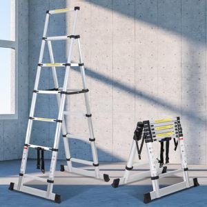 Ikodm Échelle télescopique pliante en aluminium 1,7 m + 2 m - 5 + 6 marches - Pour réparation de toit - Taille pliée : 65 cm - Capacité de charge : 150 kg Argent A-cadre GOL-9071-M1c (GreenThumbs EU, neuf)