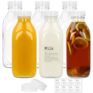 DHSBTLS Lot de 6 bouteilles de lait en verre r&eacute;utilisables, 1 l, pour r&eacute;frig&eacute;rateur, pot &agrave; jus herm&eacute;tique et transparent pour jus, miel, sirop, 3 couvercles (SZDHS, neuf)