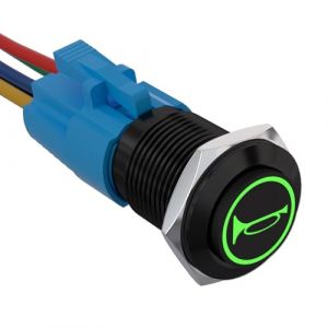 APIELE 16 mm Interrupteur &agrave; bouton poussoir momentan&eacute; 12 V, avec LED &eacute;tanche - Interrupteur &agrave; bouton poussoir momentan&eacute; avec connecteur pr&eacute;-c&acirc;bl&eacute; - 16 mm - Commutateur de klaxon (coque noire/LED verte (API ELE CO LTD, neuf)