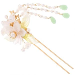 Vaguelly &Eacute;pingle &agrave; Cheveux Chinoise Vintage avec Pompons Perles Accessoire Floral pour Coiffure et Mariage Bijoux T&ecirc;te Oriental pour Chignons et Hanfu (Bustling Xin, neuf)