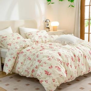 Freyamy Housse de Couette Fleurie 140x200+1 Taie d'oreiller 65x65cm Beige Rose Vert Floral Ado Parure de lit en Microfibre Fleurs Sets de Housse Couette Adulte Filles avec Fermeture Éclair (Mitchell'SZ, neuf)