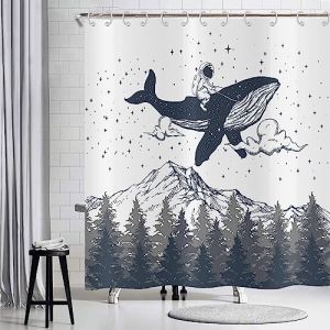 Hnmdmyi Rideau de Douche Drôle 120x180, Astronaute Cavalier Baleine Rideau de Douche Montagne Forêt brumeuse Enfants Rideau de Baignoire Etanche Tissu Polyester Lavable Rideau de Bain avec Crochets (Hnmdmyi, neuf)