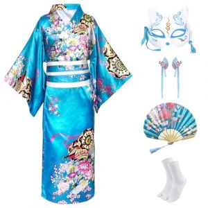 CRFASIBE 5 Pi&egrave;ces Kimono Japonais Enfants, Fille Robe Yukata Geisha Peignoir pour Spa, Enfants D&eacute;guisements Kimono Cosplay Ensemble de Costumes avec Accessoires(Bleu,130cm) (YEEGERINC, neuf)