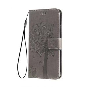 SEAHAI Coque pour Honor X5C Plus Etui Portefeuille, Joli R&eacute;tro Feuilles et Chat Emboss&eacute;e Premium PU Cuir Housse Flip Cover, &Eacute;tui Antichoc Case, Gris (Liner-EU, neuf)