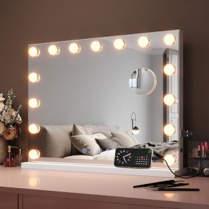 SIRHONA Miroir Coiffeuse avec Bluetooth, Miroir Maquillage Lumineux avec 3 Modes Déclairage Dimmable, Miroir LED avec 15 Lumières, Port USB, Lopue 10X, Table & sur Mur, 58x45cm (ELLIPSE sanitaire, neuf)