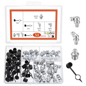 53 Pcs Assortiment de Graisseur a Visser, M8 Raccords de Graisse, Filetés de Graissage Conique, Graisseurs Droit et Angle 45° 90° 180° pour Graisseur Hydraulique, Avec 30 Capuchons pour Graisseurs (MaiMaiDuo, neuf)