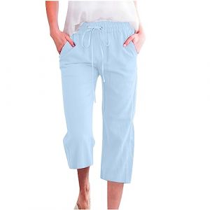 Pantalon Fluide Femme &Eacute;t&eacute; Fluide Coton Lin Taille Haute Elastique D&eacute;contract&eacute;s Pantalons Mode Chanvre Confortable Jogging Plage R&eacute;tro Pants L&eacute;ger Respirant Pantalon avec Poches Pas Cher (⭐⭐⭐⭐⭐5.0 Yaair-OEF, neuf)