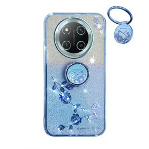 YUEQIAN Coque Paillettes pour Honor Magic 7 Lite 5G/Magic7 Lite/X9c, Tr&egrave;s Mince Transparent Doux TPU Silicone Antichoc Bling Housse, Mode Fleurs Anneau Support P&eacute;tillant Filles &Eacute;tui. Bleu (YUEQIAN-EU, neuf)