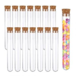 Quelcc 15 Pièces Tube à Essai Plastique, 12x75mm Tube avec Bouchon Liège, Tubes Transparents pour Laboratoire, Éprouvettes pour Bonbons, Épices, Plantes, Échantillons, Fiole à Dragées Mariage (Liwee, neuf)