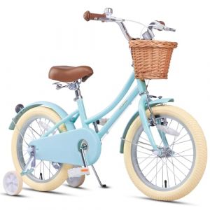 Glerc 16 Pouce Fille V&eacute;lo pour 4 5 6 7 8 Ans Petites Filles R&eacute;tro Vintage Style V&eacute;lo avec Panier Roues d'entra&icirc;nement et Cloche, Bleu (BikeJune-EU, neuf)