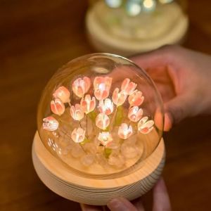 DINOWIN Lampe Fleur de Tulipe en verre Veilleuse Tulipe LED Fleurs Artificielles D&eacute;coratives lampe de table pour Saint-Valentin Femme Maman M&egrave;re couples (Rose, 20 Fleur) (DinowinDirect, neuf)