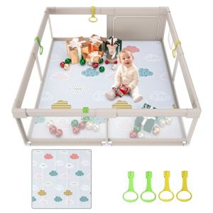 UANLAUO 150x150cm Parc Bebe avec Tapis bébé, Parc Enfant,XXL Parc pour Bebe avec 4 Anneau,Aire de Jeu Non Toxique et sûre pour Les bébés, Parc bébé avec Porte à Fermeture éclair (YuMBa, neuf)