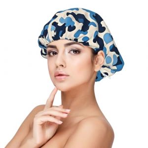 Bonnet en soie avec motif camouflage bleu - Bonnet de cheveux pour dormir, bonnet de sommeil doux double couche en soie pour femme - Cheveux longs bouclés naturels tressés (wenyangshanghang, neuf)