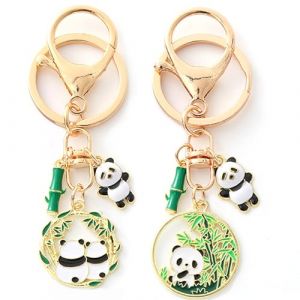 Oruiiju 2pcs Porte-cl&eacute;s Panda dor&eacute; et bambou - Pendentif cr&eacute;atif panda mignon (Oruiiju-FR, neuf)