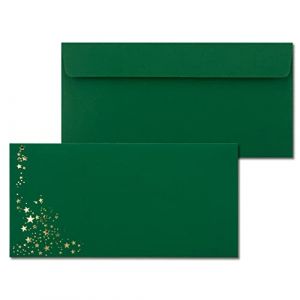 Lot de 50 enveloppes avec étoiles métalliques - Format DIN long - Pluie étoilée dorée - Couleur : vert foncé, adhésif - 120 g/m² - 110 x 220 mm - Idéal pour Noël (GUSTAV NEUSER GmbH, neuf)