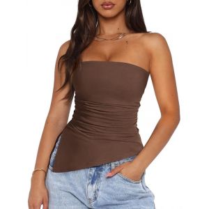Sukiglam Debardeur Femme &Eacute;l&eacute;gant Bretelles Tube Top &Eacute;t&eacute; Sexy Dos Nu Bustier sans Manches Tunique Haut &Eacute;lastique Slim Fit Y2K Going Out Crop Tops Doux Ruch&eacute; Chemise avec Fente Lat&eacute;rale (Sukiglam Store, neuf)
