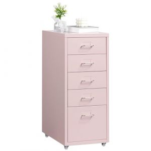 HollyHOME Armoire de rangement mobile à 5 tiroirs - En métal - Avec roulettes - Pour la maison, le bureau - Rose clair (HollyHOME Global, neuf)