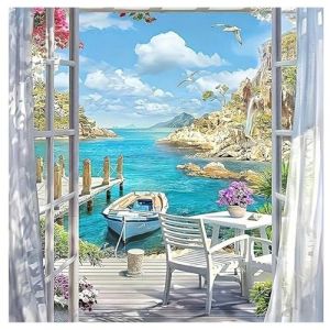 TDFERAN 40x40CM Diamond Painting Paysage Fen&ecirc;tre Montagne Bord de Mer Broderie Diamant Paysage Bord de Mer Diamond Painting Fenetre vue Mer Peinture Diamant Paysage Mer pour D&eacute;coration Murale (LISHHUZ, neuf)