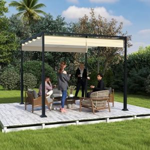 UISEBRT Tonnelle pergola de 3 x 3 m avec structure en acier robuste et toit ouvrant de qualité supérieure en polyester revêtu de PA, toit de terrasse autoportant, idéal pour l'extérieur (beige) (UISEBRT, neuf)