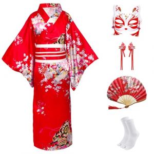 CRFASIBE 5 Pi&egrave;ces Kimono Japonais Enfants, Fille Robe Yukata Geisha Peignoir pour Spa, Enfants D&eacute;guisements Kimono Cosplay Ensemble de Costumes avec Accessoires(Rouge,150cm) (YEEGERINC, neuf)