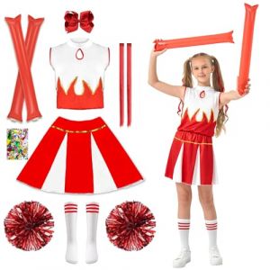 Deguisement Pompom Girl Enfant, Uniforme de Pom-Pom Girl Fille, Costume Cheerleader Enfant, tenue de pom-pom girl avec Pompoms, Bâtons Joie, Chaussettes pour Costume Carnaval Mascarade (Rouge, 150) (WEIERNA, neuf)