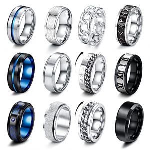 LOLIAS 12 Pcs Bagues Homme Argent Noir Acier Inoxydable Finition Mates Poli Bande Bague Chaînes Anneaux Décapsuleur Anneaux Alliance Bague Fiançailles Vintage Bague Taille 54-70 (LoliasEU, neuf)